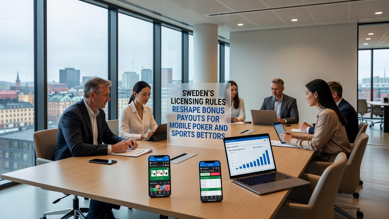 Mobile device displaying poker and sports betting interfaces under Swedish regulatory guidelines
